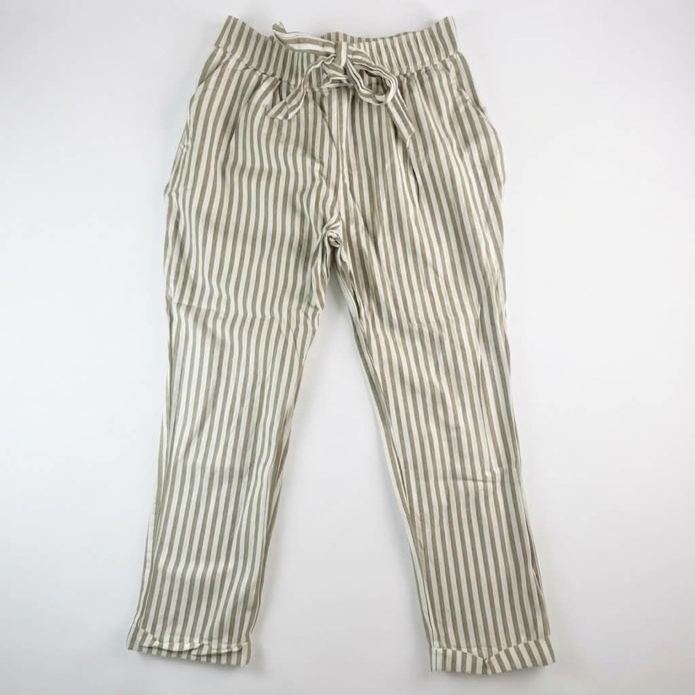 ZARA Womens Small Striped Pants Olive Green White Tie Elastic Waist Ankle Cuffed